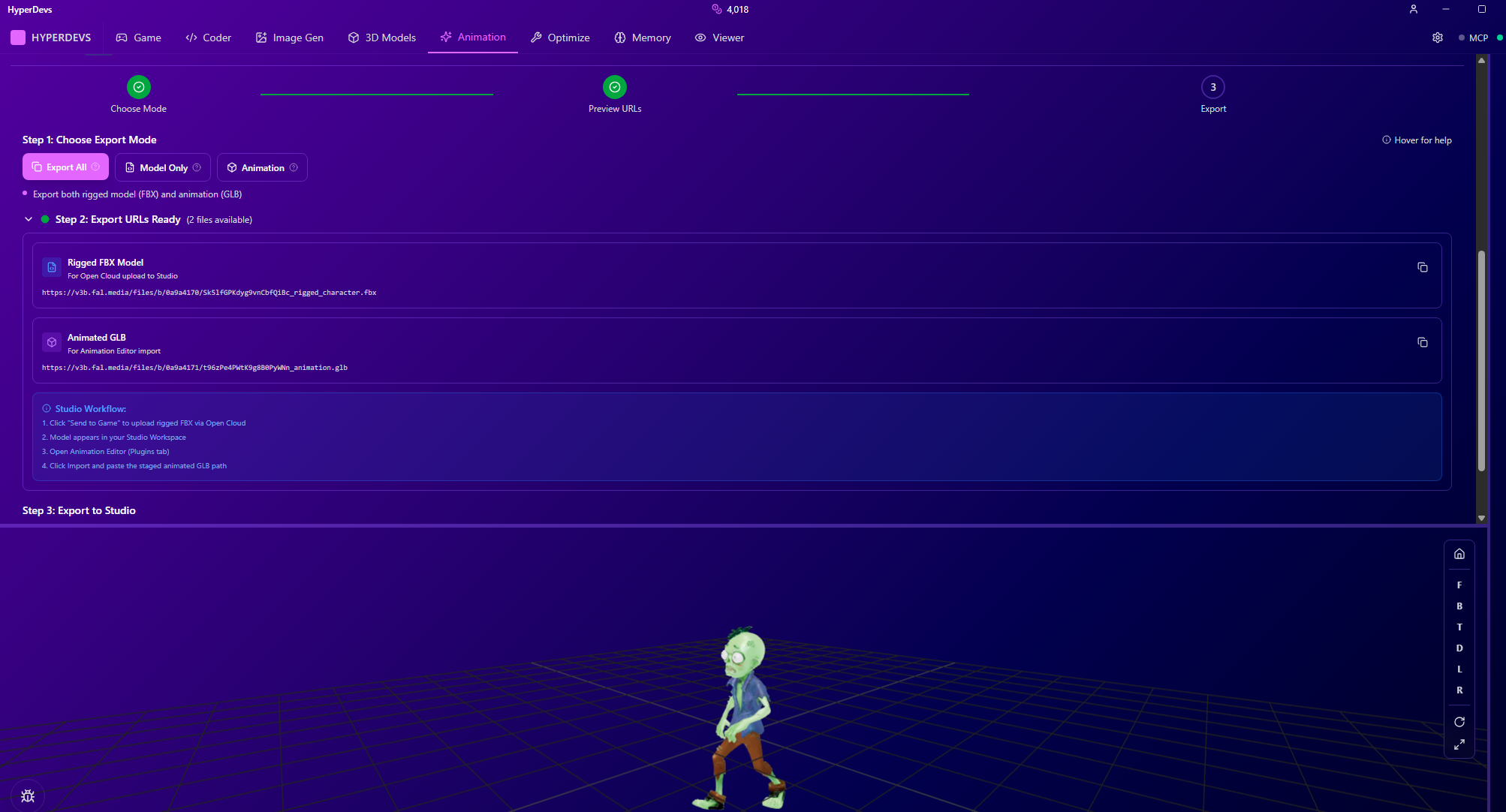 Animation tab with rigged character