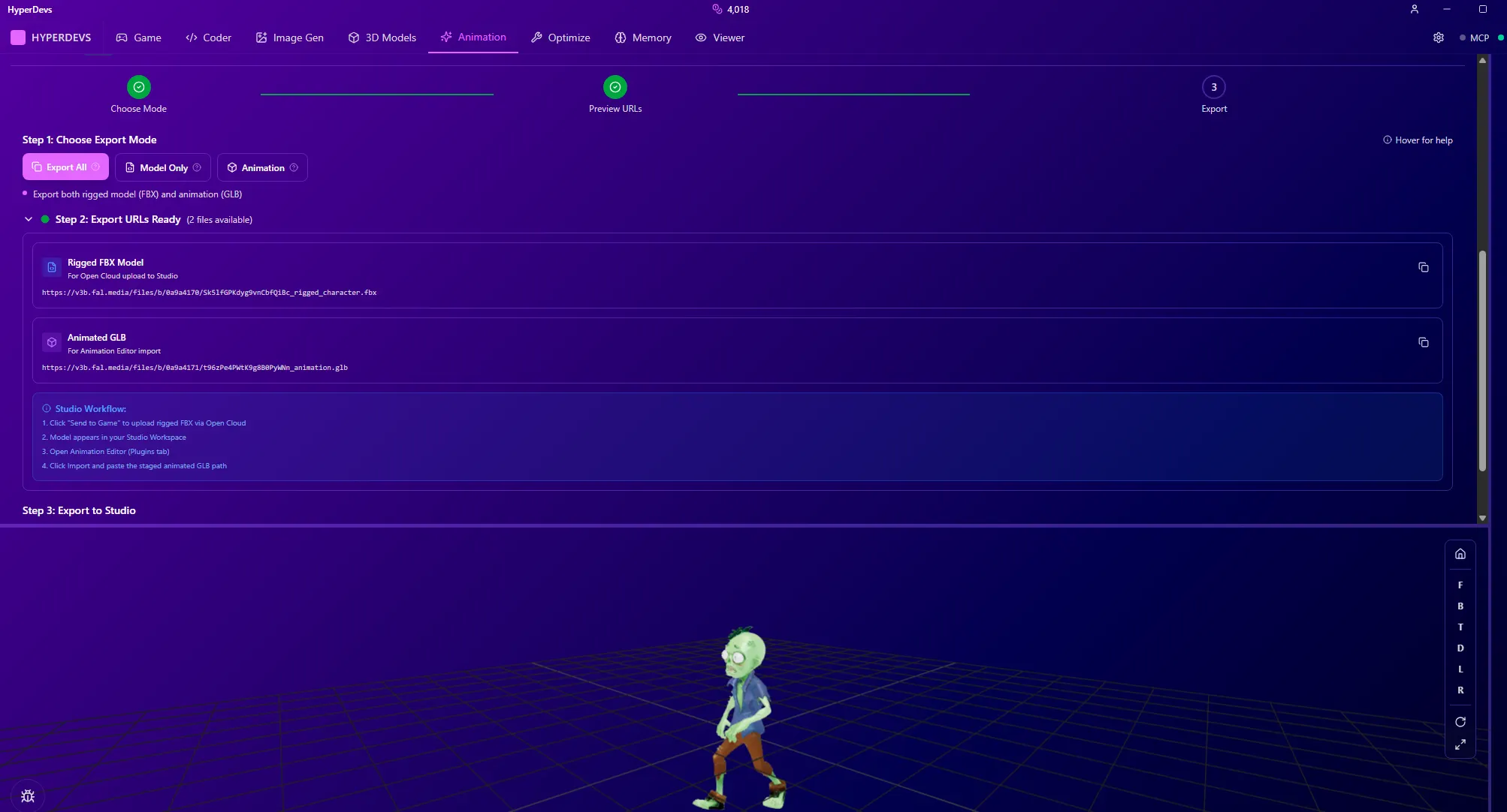 Animation tab with rigged character