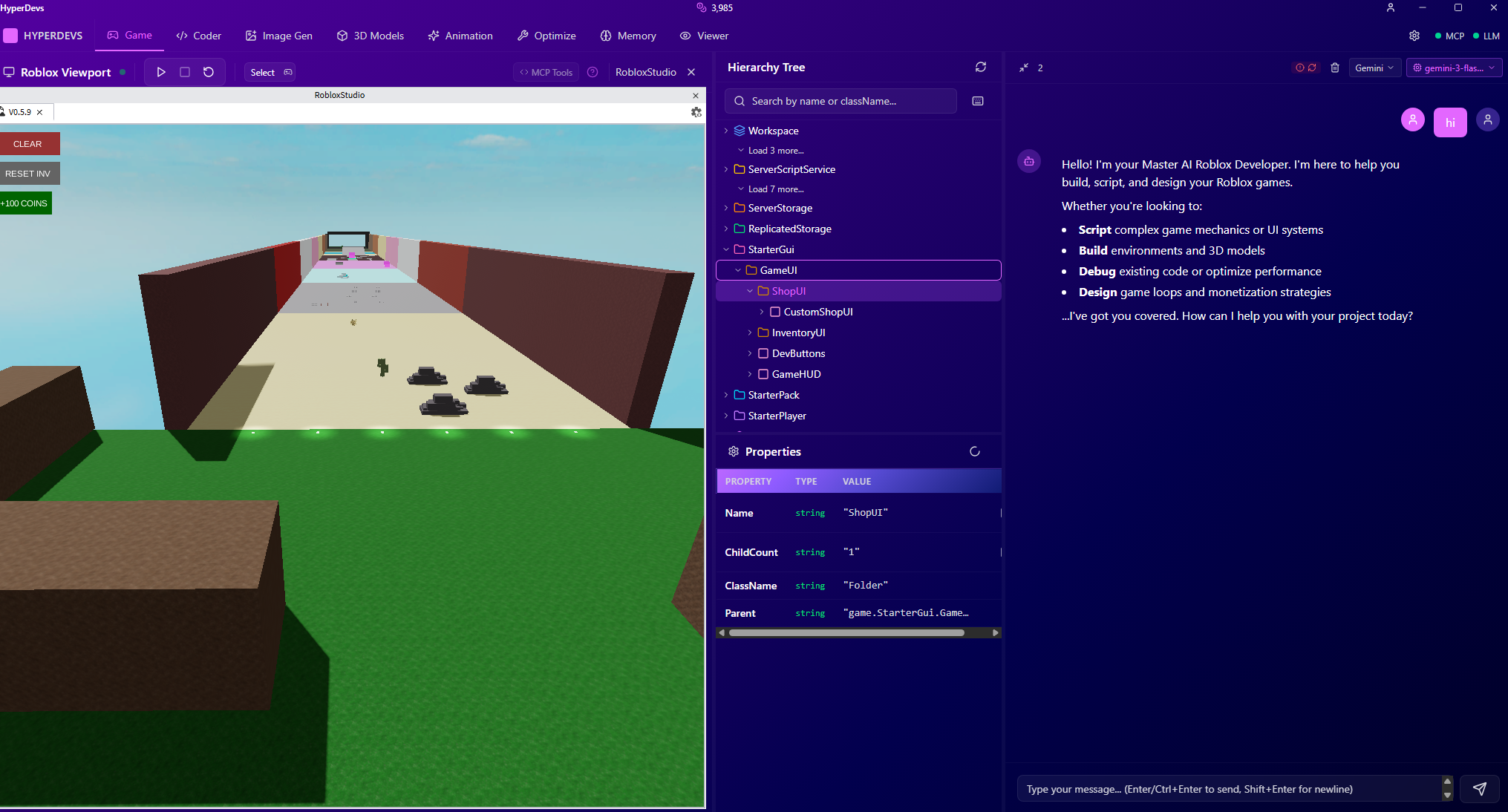 HyperDevs Game tab interface