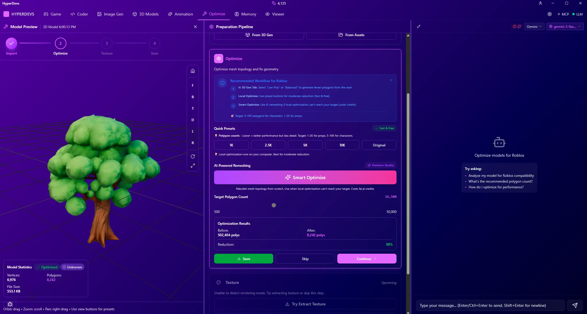 Optimize tab preparing a model for Roblox limits